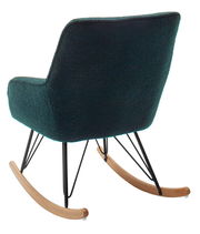 Rückansicht eines modernen Schaukelstuhls mit dunkelgrünem Stoffbezug und Holzbeinen.