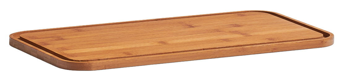 Rechteckiges Bambusbrett aus der Vogelperspektive, verwendet als Deckel für einen Brotkasten.