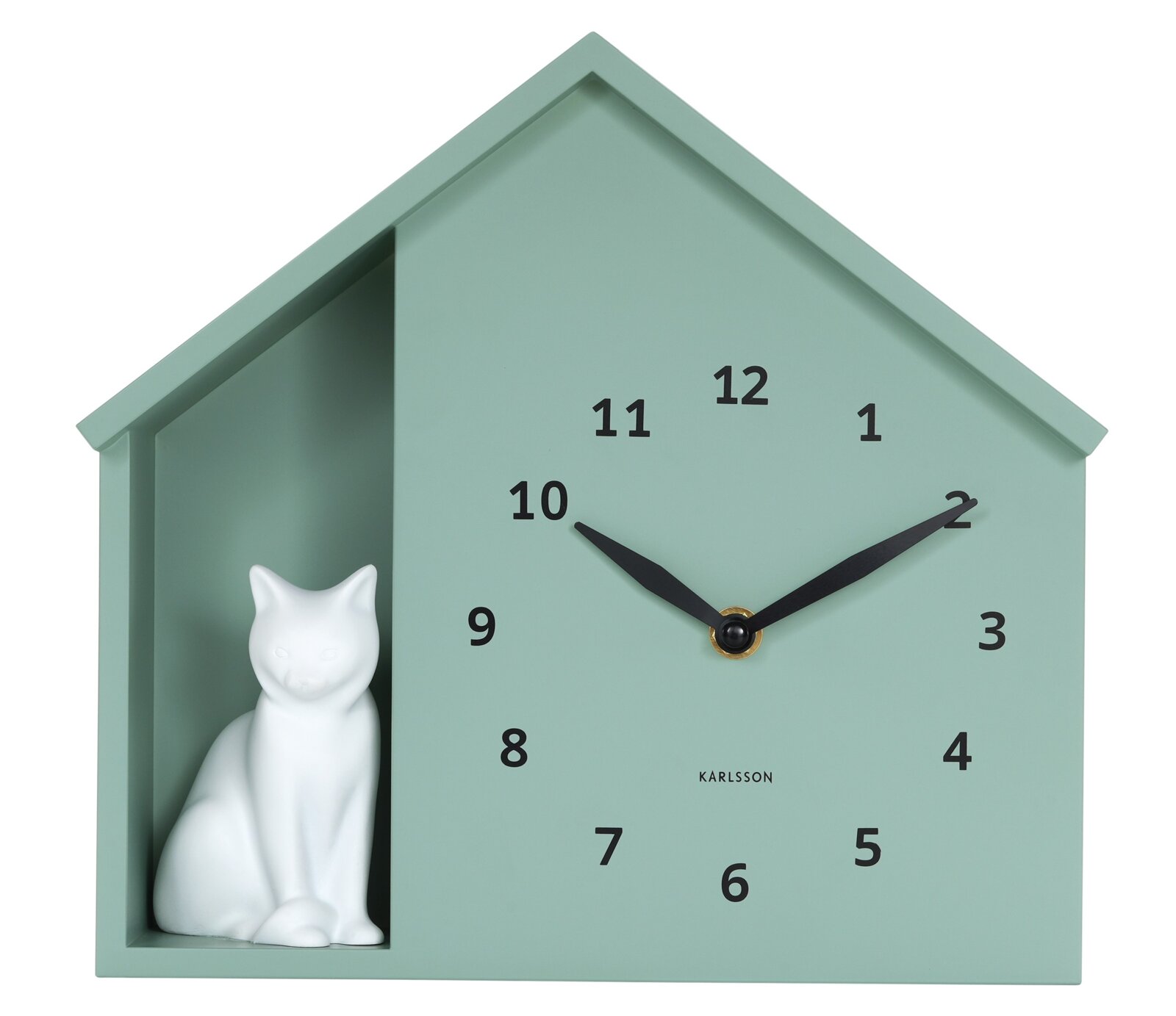 Grüne Wanduhr in Hausform mit schwarzem Zifferblatt und einer weißen Katzenfigur auf der linken Seite, frontal abgebildet.