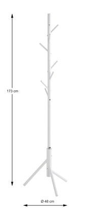 Weißer freistehender Garderobenständer mit mehreren Haken und dreibeinigem Standfuß, Höhe ca. 173 cm und Standdurchmesser ca. 48 cm, frontal in Seitenansicht auf weißem Hintergrund.