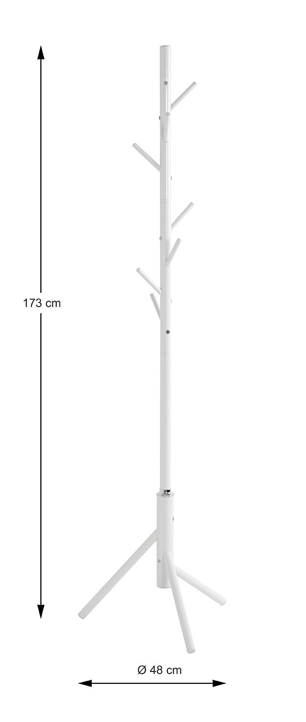 Weißer freistehender Garderobenständer mit mehreren Haken und dreibeinigem Standfuß, Höhe ca. 173 cm und Standdurchmesser ca. 48 cm, frontal in Seitenansicht auf weißem Hintergrund.