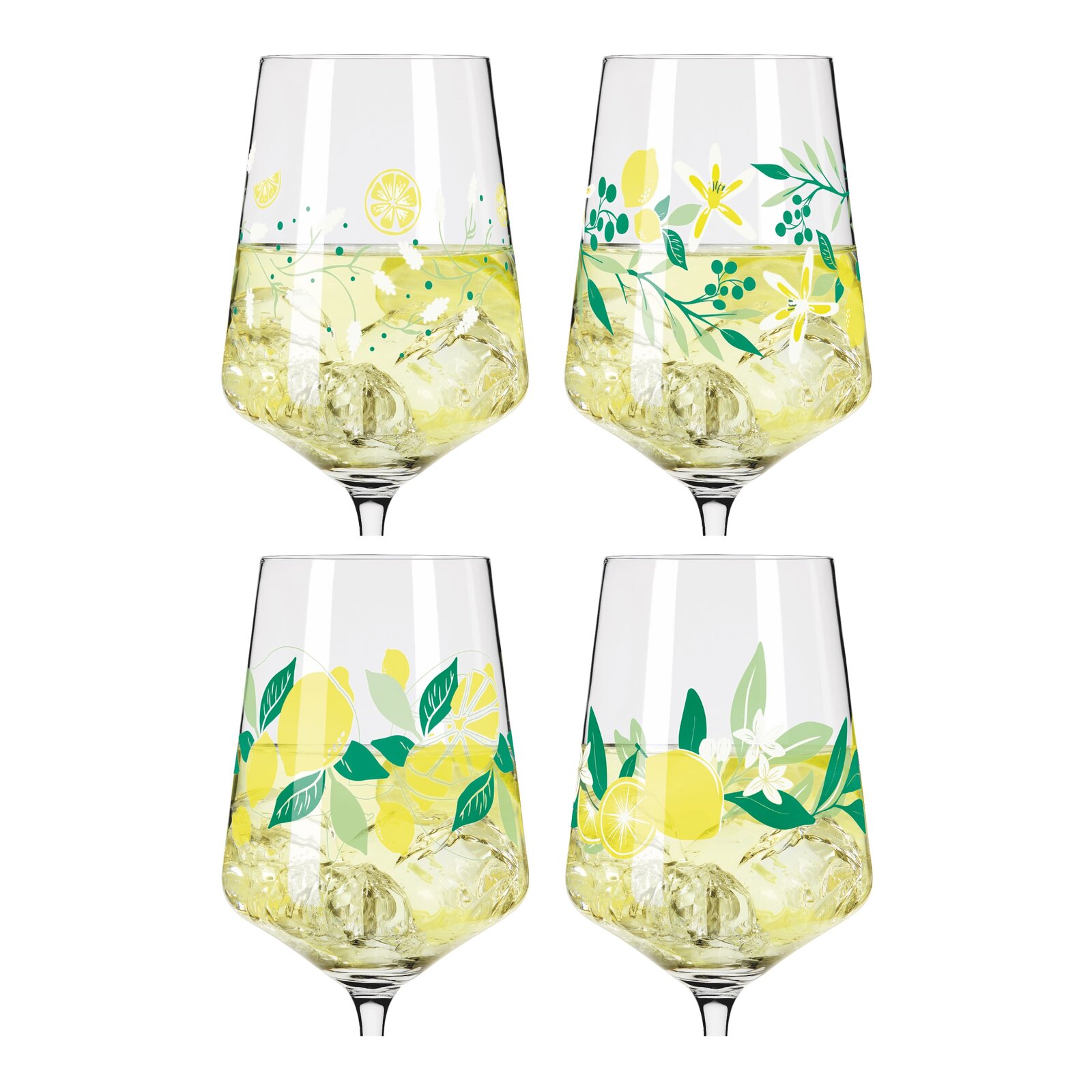 Vier Limoncello-Gläser mit Zitronen- und Blumenmotiven, gefüllt mit Eis und gelbem Getränk, aus der Frontalperspektive.