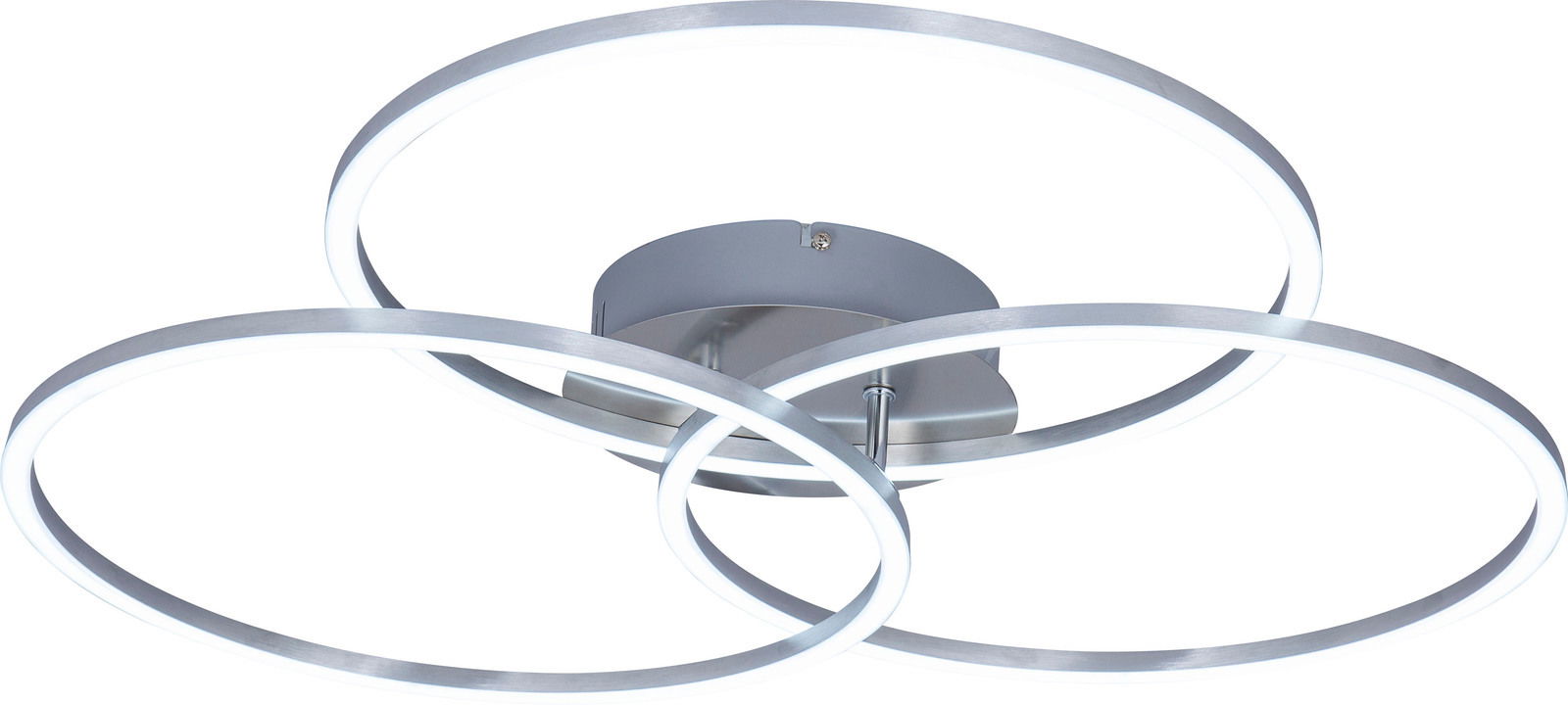 Moderne LED-Deckenleuchte mit drei ineinander verschlungenen Ringen, seitliche Perspektive