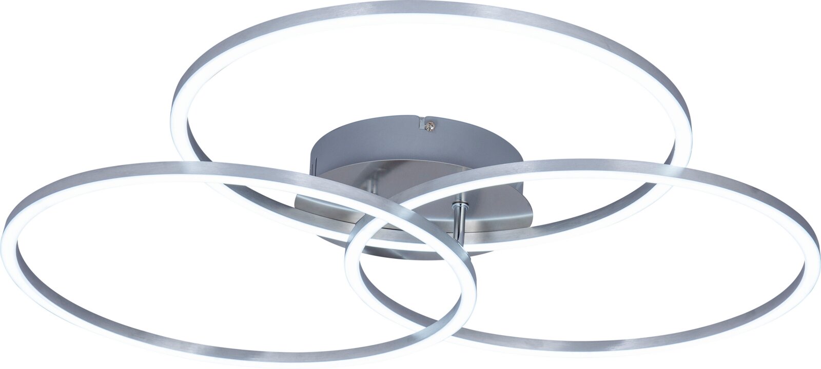 Moderne LED-Deckenleuchte mit drei ineinander verschlungenen Ringen, seitliche Perspektive