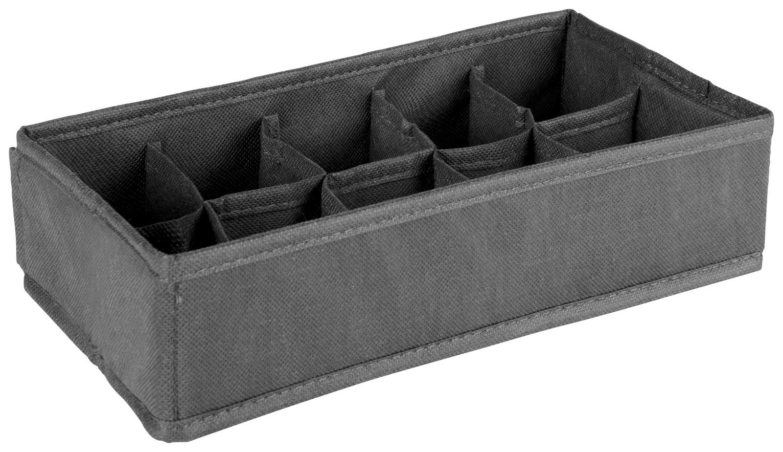 Graue Aufbewahrungsbox mit mehreren Fächern, seitliche Perspektive