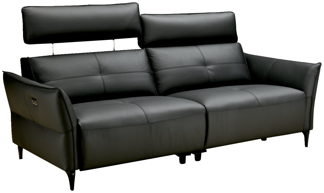 Schwarzes Ledersofa mit verstellbaren Kopfstützen, seitlicher Perspektive