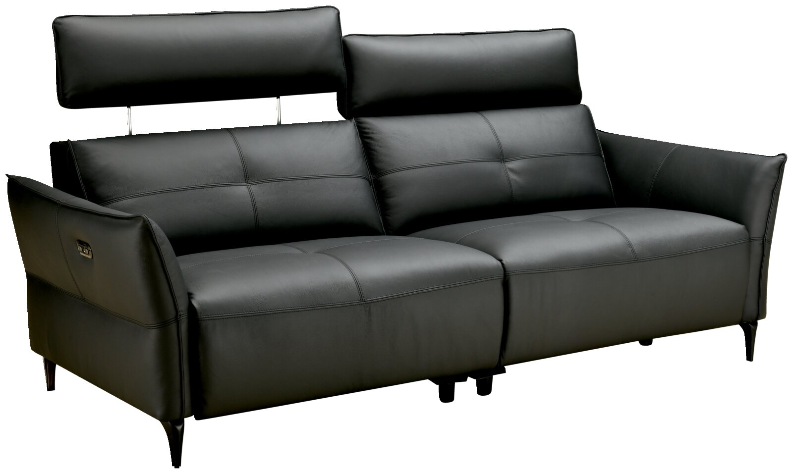 Schwarzes Ledersofa mit verstellbaren Kopfstützen, seitlicher Perspektive
