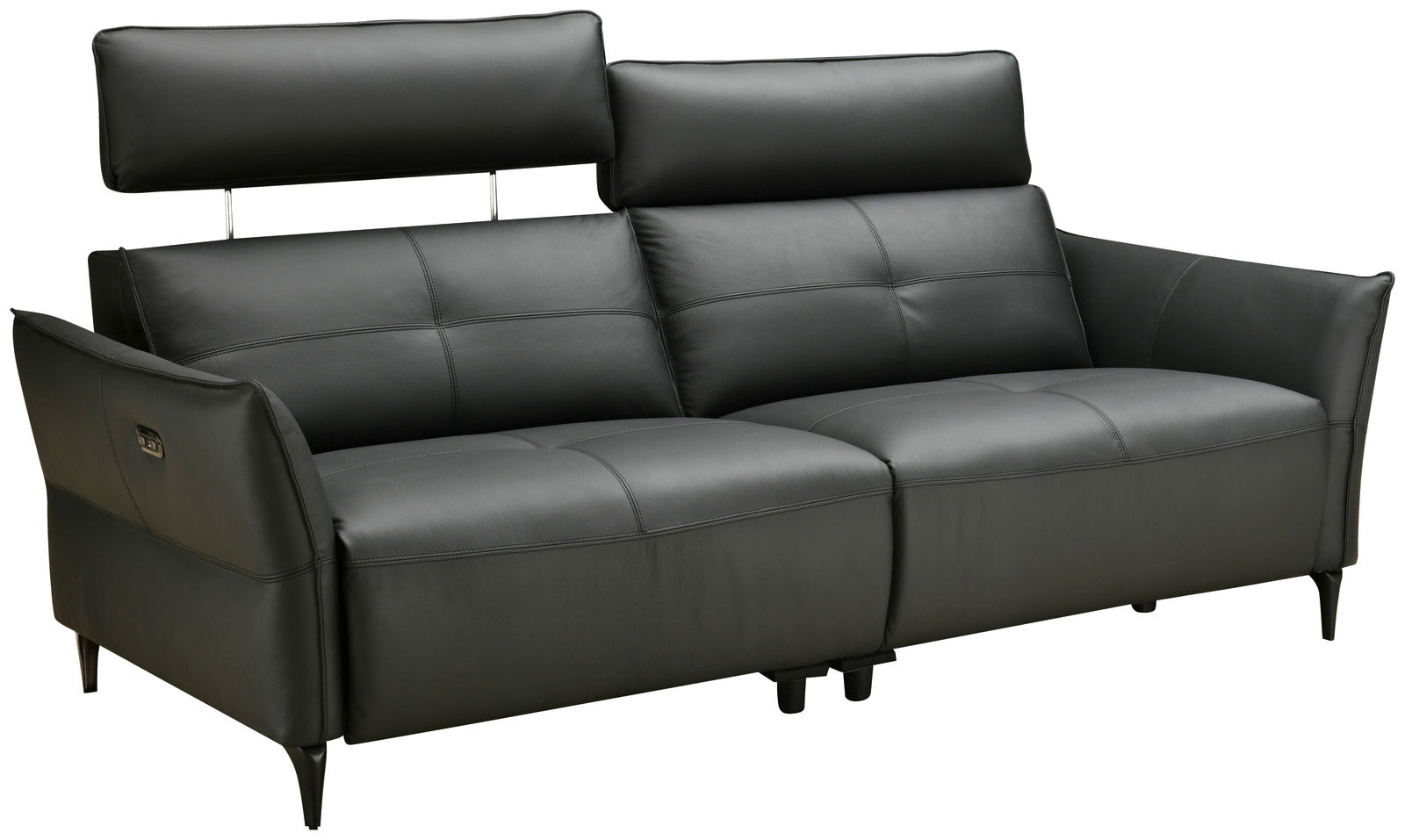 Schwarzes Ledersofa mit verstellbaren Kopfstützen, seitlicher Perspektive