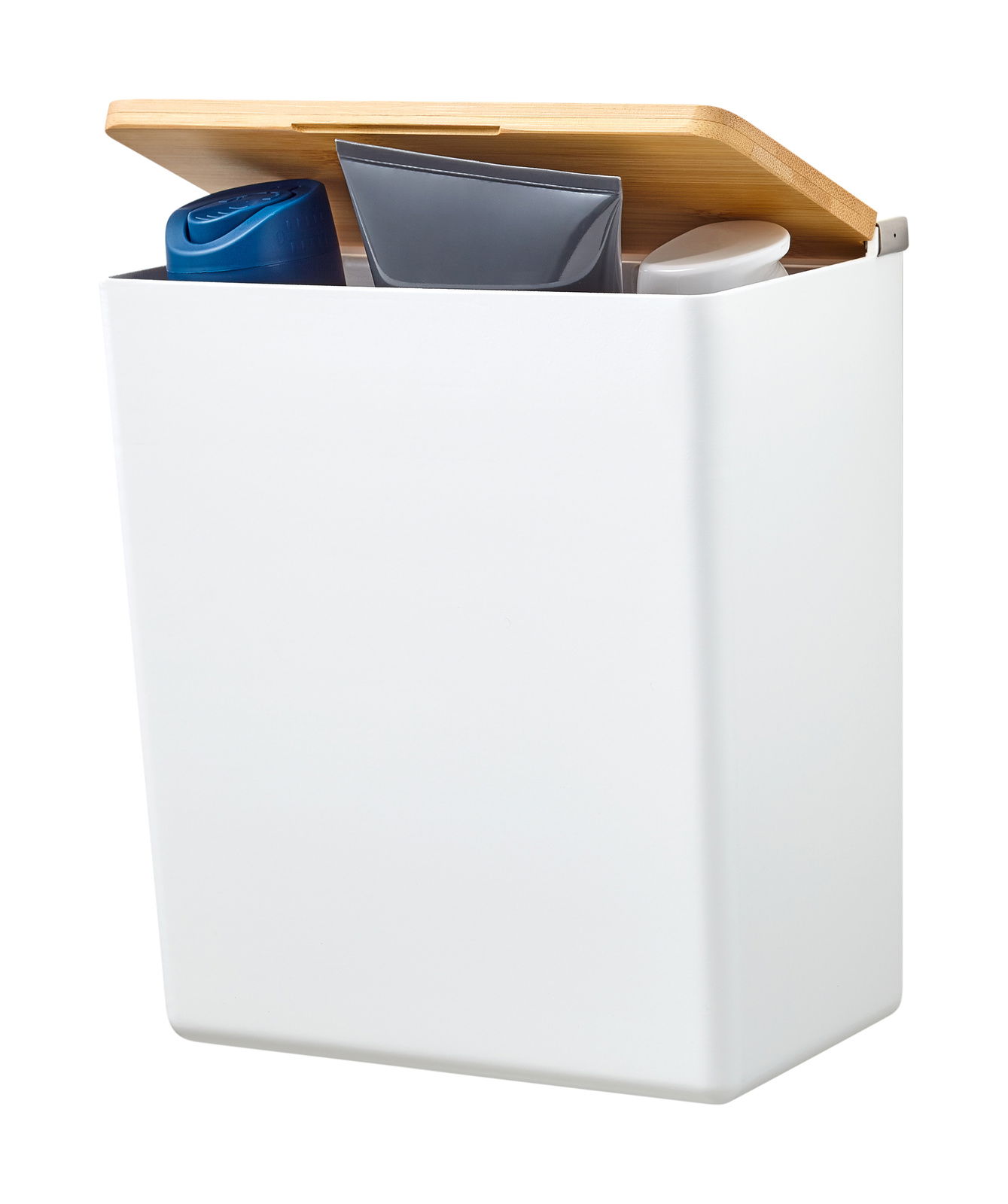 Weiße Aufbewahrungsbox mit offenem Holzdeckel, gefüllt mit verschiedenen Behältern, seitliche Perspektive
