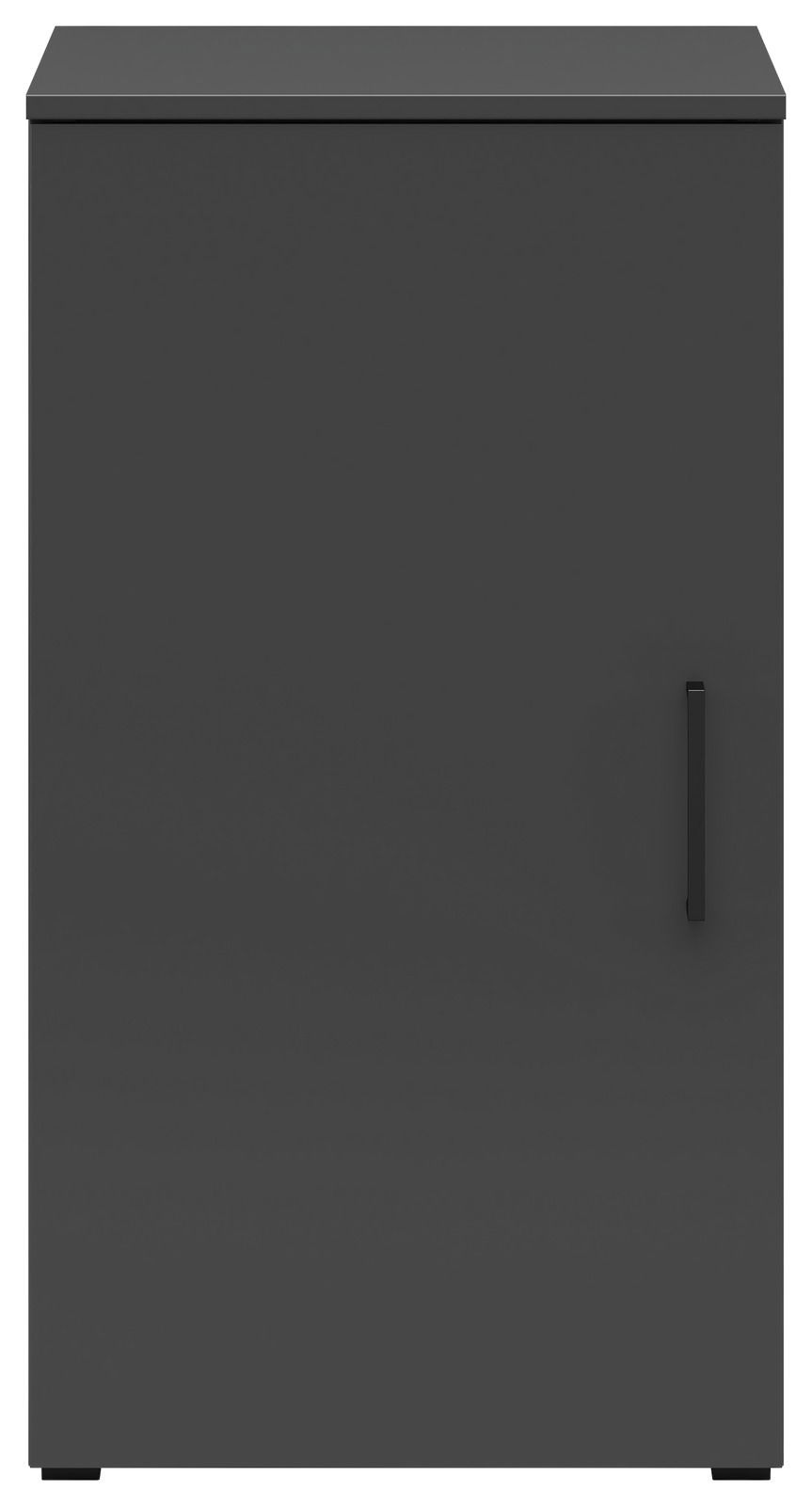 Schwarze Kommode mit einer Tür, frontal betrachtet