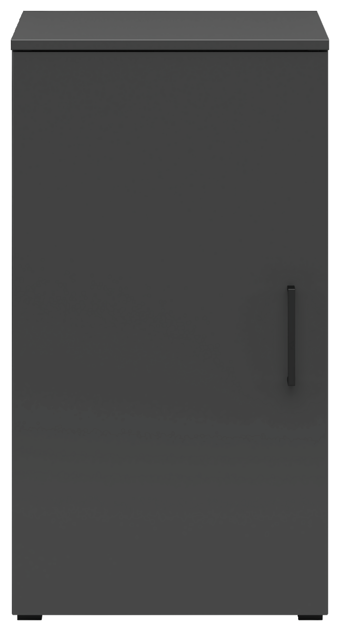 Schwarze Kommode mit einer Tür, frontal betrachtet