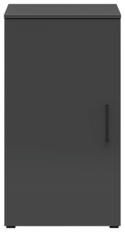Schwarze Kommode mit einer Tür, frontal betrachtet