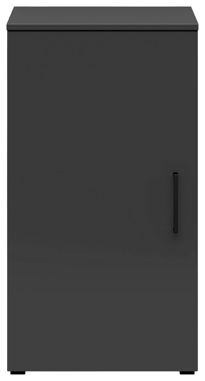 Schwarze Kommode mit einer Tür, frontal betrachtet