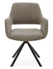 Moderner Armlehnstuhl in grauem Stoff mit schwarzem Metallgestell, Frontalansicht