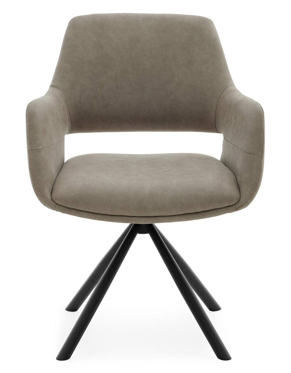 Moderner Armlehnstuhl in grauem Stoff mit schwarzem Metallgestell, Frontalansicht