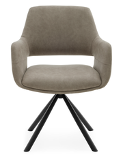 Moderner Armlehnstuhl in grauem Stoff mit schwarzem Metallgestell, Frontalansicht