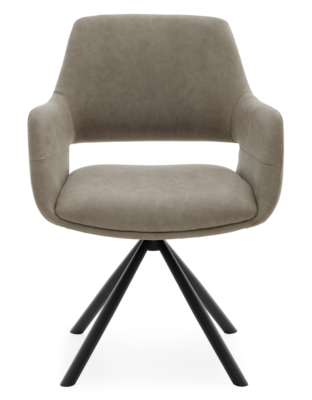 Moderner Armlehnstuhl in grauem Stoff mit schwarzem Metallgestell, Frontalansicht