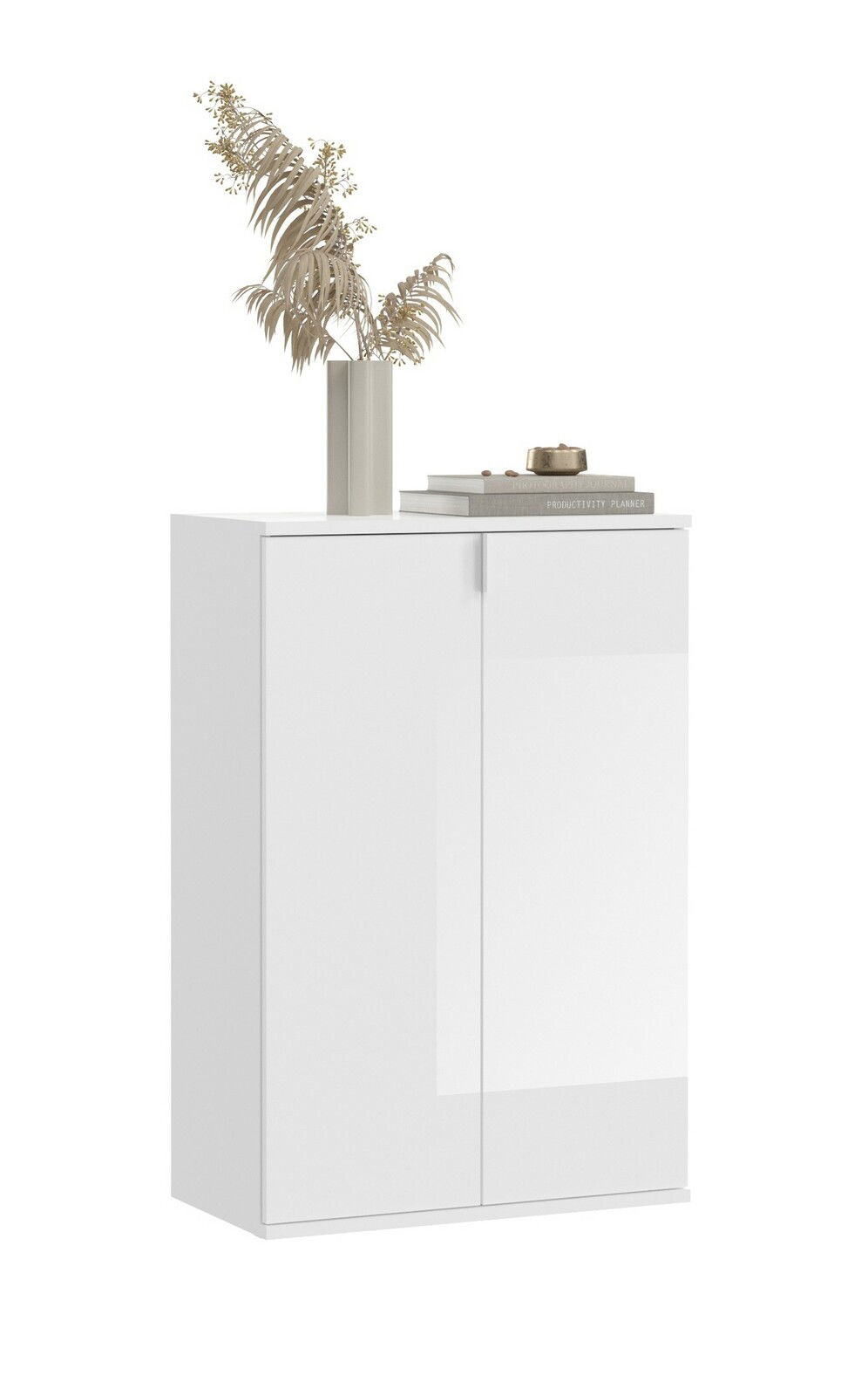 Weiße Garderobenkombination mit zwei Türen, dekoriert mit einer Vase und Büchern, seitliche Perspektive