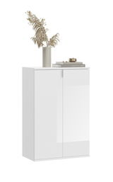 Weiße Garderobenkombination mit zwei Türen, dekoriert mit einer Vase und Büchern, seitliche Perspektive