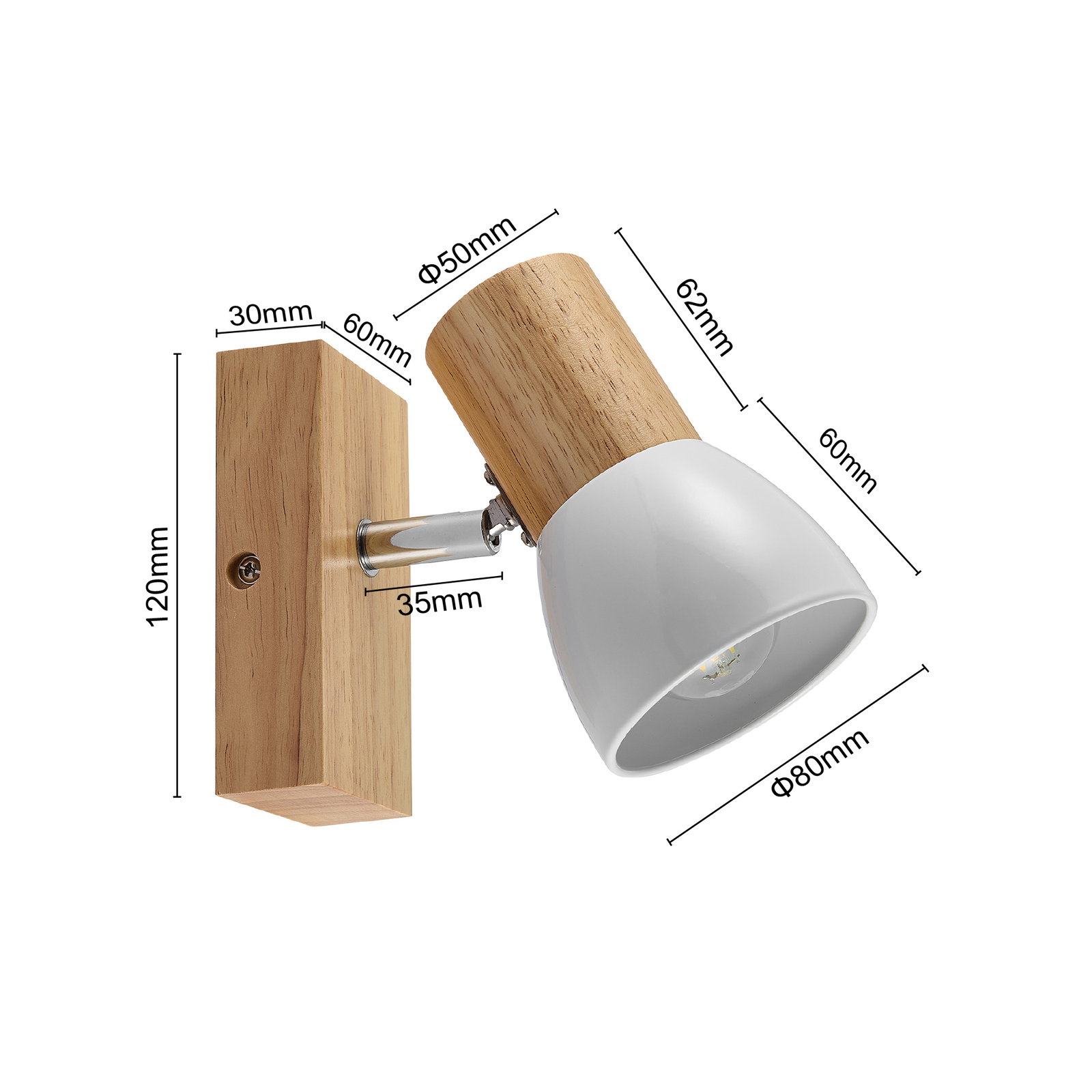 Moderner Strahler aus Holz und Metall, seitliche Perspektive mit Abmessungen.