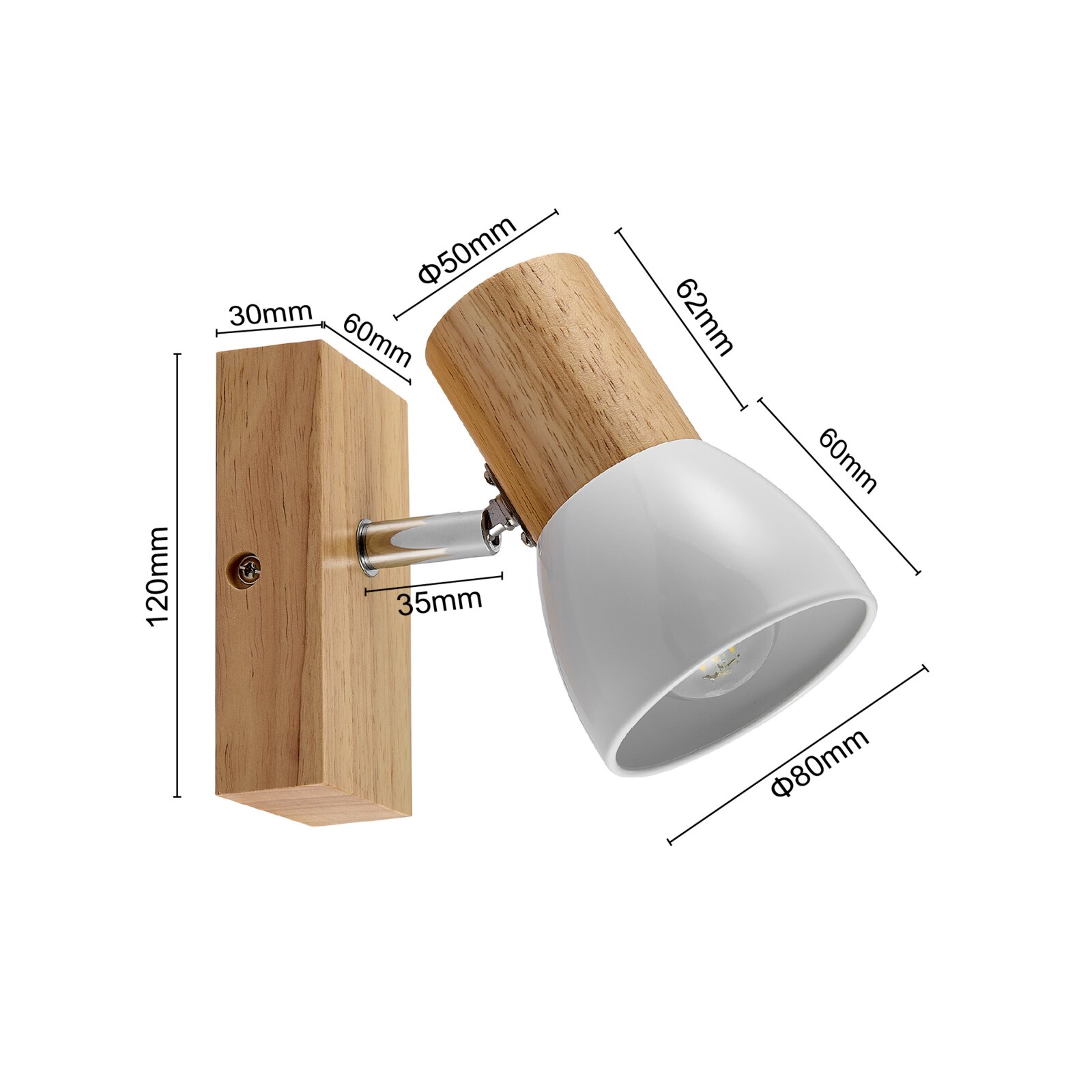 Moderner Strahler aus Holz und Metall, seitliche Perspektive mit Abmessungen.