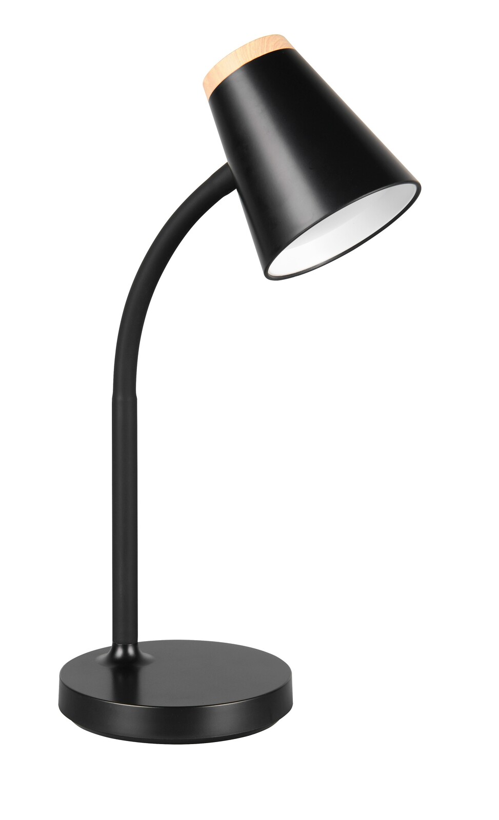 Moderne schwarze Tischleuchte mit konischem Schirm und Holzdetail, seitliche Perspektive