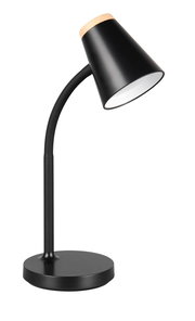 Moderne schwarze Tischleuchte mit konischem Schirm und Holzdetail, seitliche Perspektive