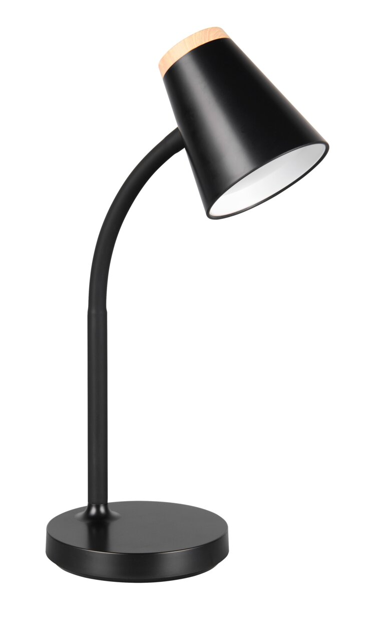 Moderne schwarze Tischleuchte mit konischem Schirm und Holzdetail, seitliche Perspektive