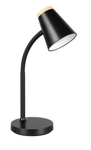 Moderne schwarze Tischleuchte mit konischem Schirm und Holzdetail, seitliche Perspektive