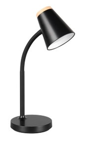 Moderne zwarte tafellamp met conische kap en houten detail, zijaanzicht