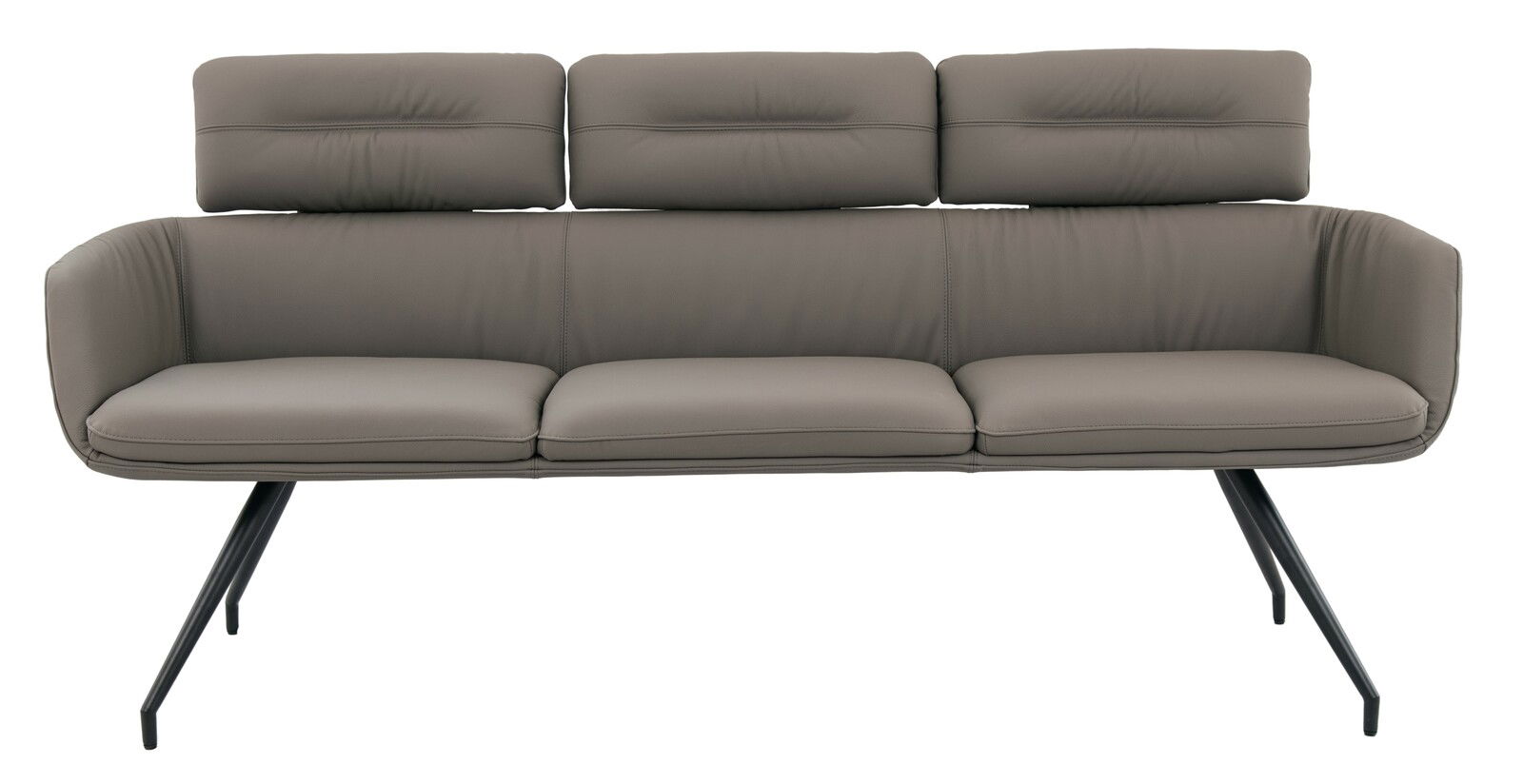 Moderne Sitzbank mit drei gepolsterten Rückenkissen und schlanken Metallbeinen, Frontalansicht.