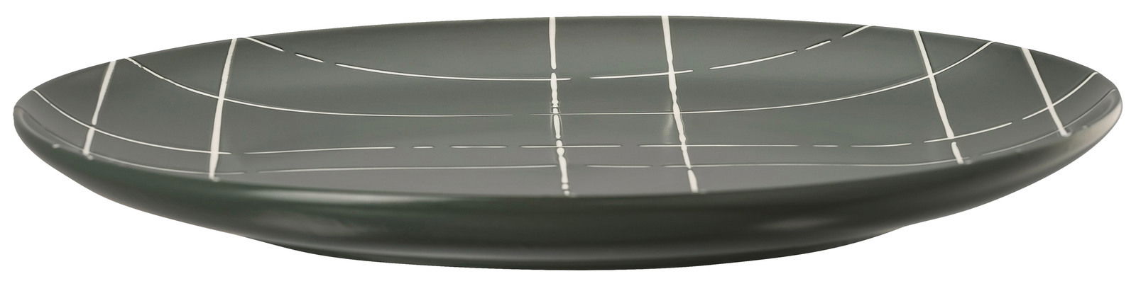 Flacher Teller mit grauem Gittermuster, seitliche Perspektive