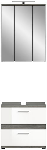 Badkombination mit Beleuchtung, bestehend aus einem dreitürigen Spiegelschrank mit integrierter Beleuchtung und einem Unterschrank mit zwei Schubladen, Frontalansicht.