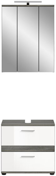 Badkombination mit Beleuchtung, bestehend aus einem dreitürigen Spiegelschrank mit integrierter Beleuchtung und einem Unterschrank mit zwei Schubladen, Frontalansicht.