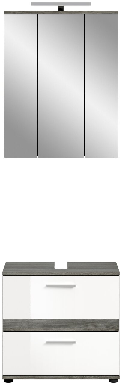 Badkombination mit Beleuchtung, bestehend aus einem dreitürigen Spiegelschrank mit integrierter Beleuchtung und einem Unterschrank mit zwei Schubladen, Frontalansicht.