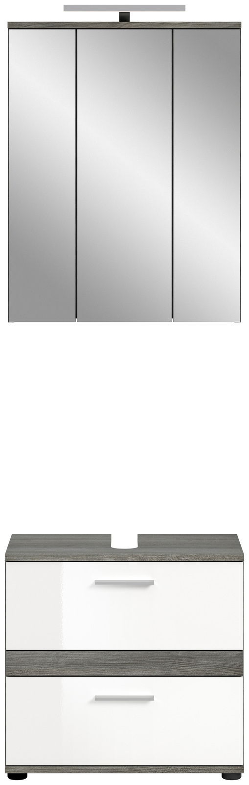 Badkombination mit Beleuchtung, bestehend aus einem dreitürigen Spiegelschrank mit integrierter Beleuchtung und einem Unterschrank mit zwei Schubladen, Frontalansicht.