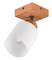 Deckenstrahler Assam mit Holzsockel und weißem Lampenschirm, seitliche Perspektive
