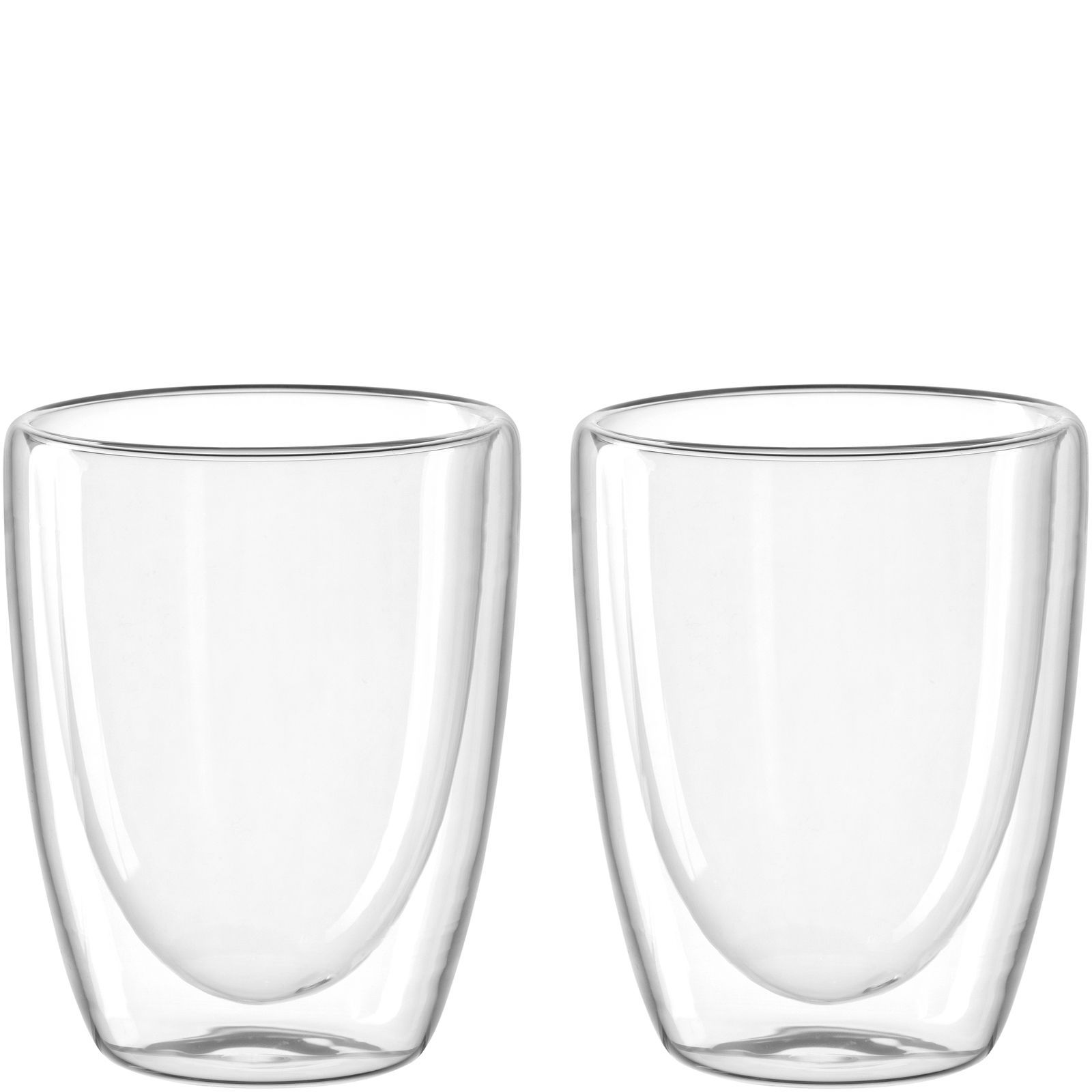 Zwei transparente doppelwandige Becher, 300ml, frontal nebeneinander stehend.