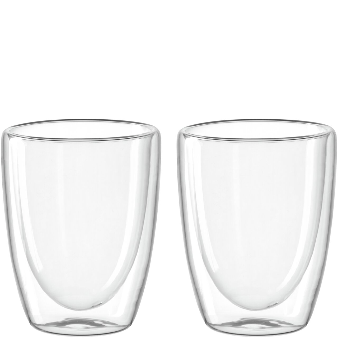 Zwei transparente doppelwandige Becher, 300ml, frontal nebeneinander stehend.