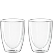 Zwei transparente doppelwandige Becher, 300ml, frontal nebeneinander stehend.
