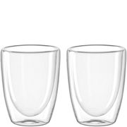 Zwei transparente doppelwandige Becher, 300ml, frontal nebeneinander stehend.
