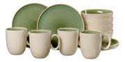Frontalansicht eines 12-teiligen Frühstückssets in hellgrün mit Tassen, Schalen und Tellern.