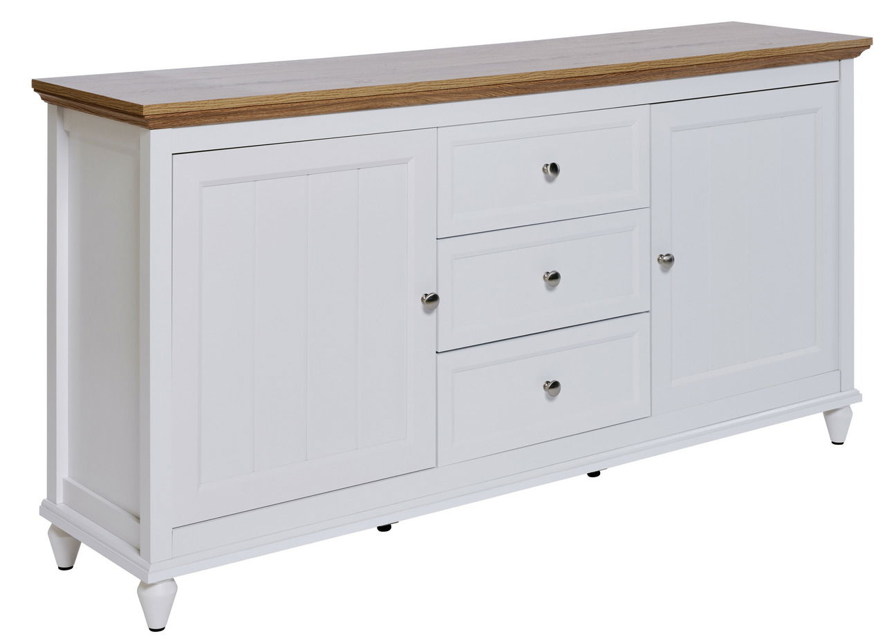 Weißes Sideboard mit drei Schubladen und zwei Türen, Holzoberfläche, seitliche Perspektive