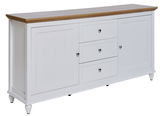 Weißes Sideboard mit drei Schubladen und zwei Türen, Holzoberfläche, seitliche Perspektive