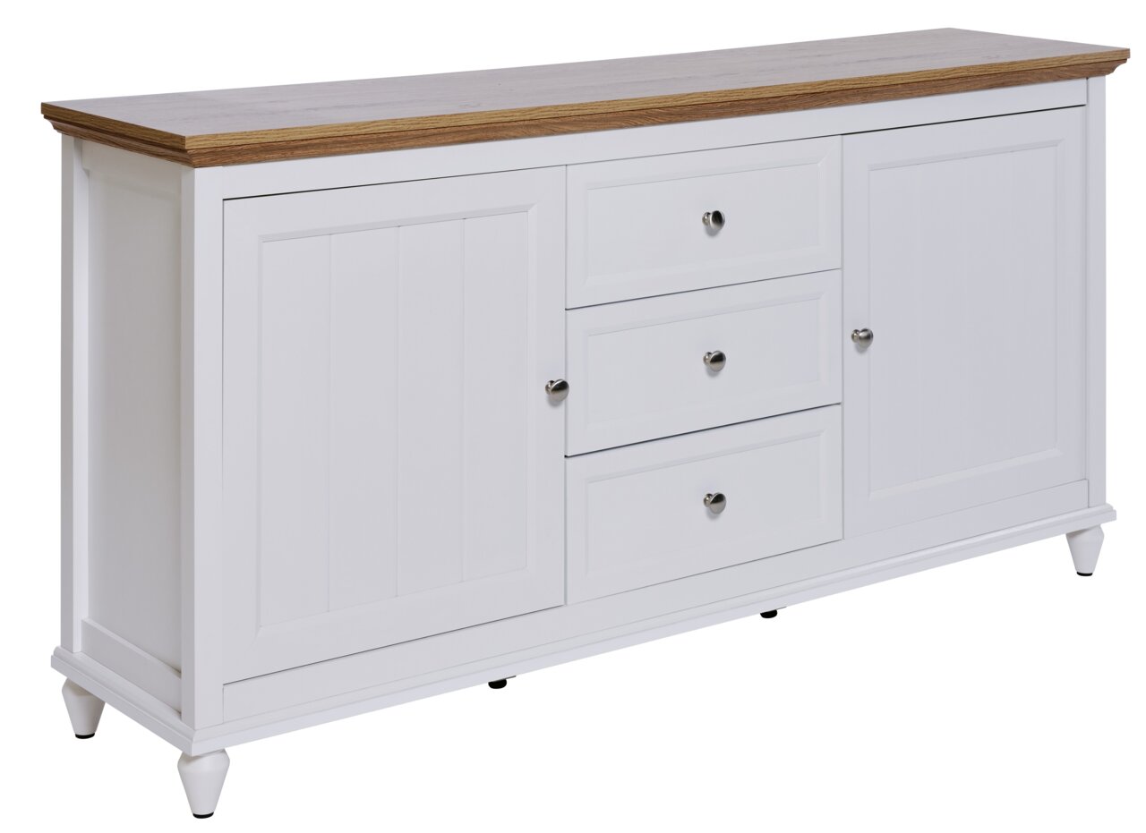 Weißes Sideboard mit drei Schubladen und zwei Türen, Holzoberfläche, seitliche Perspektive