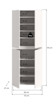 Weißer Eckschrank mit geöffneten Türen und mehreren Einlegeböden, Maßgrafik mit Abmessungen (Höhe 175 cm, Breite 70 cm, Tiefe 37 cm) und Fachhöhenangaben, Frontansicht leicht schräg von vorn.