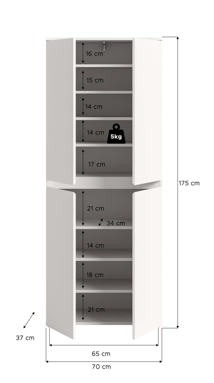 Weißer Eckschrank mit geöffneten Türen und mehreren Einlegeböden, Maßgrafik mit Abmessungen (Höhe 175 cm, Breite 70 cm, Tiefe 37 cm) und Fachhöhenangaben, Frontansicht leicht schräg von vorn.
