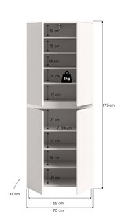 Weißer Eckschrank mit geöffneten Türen und mehreren Einlegeböden, Maßgrafik mit Abmessungen (Höhe 175 cm, Breite 70 cm, Tiefe 37 cm) und Fachhöhenangaben, Frontansicht leicht schräg von vorn.