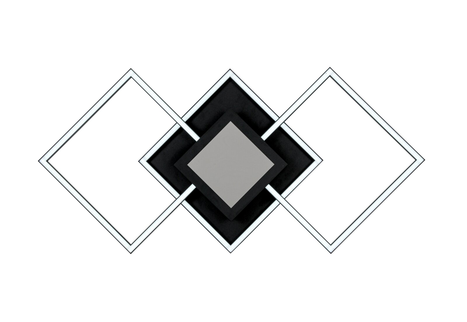 Moderne led-plafondlamp met een geometrisch ontwerp, vierkante en ruitvormige elementen, bovenaanzicht.