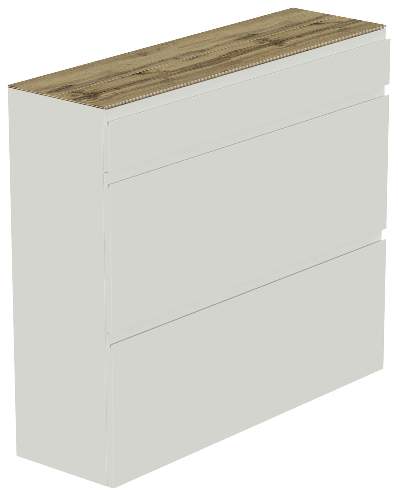 Moderner Hängeschuhschrank mit drei Schubladen in Weiß und einer Holzoberfläche, seitliche Perspektive